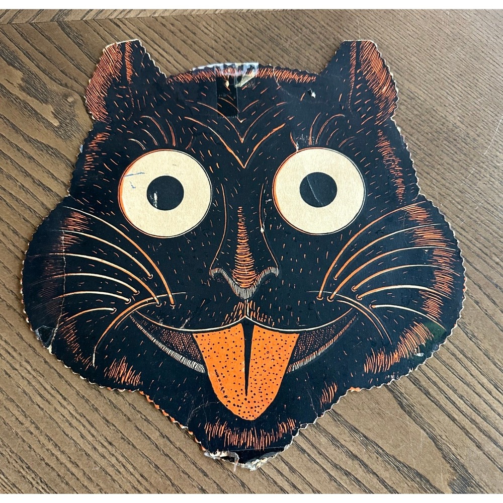 Vintage Beistle Halloween Black Cat Face Mask Cardstock Wall Decor 10 Inch